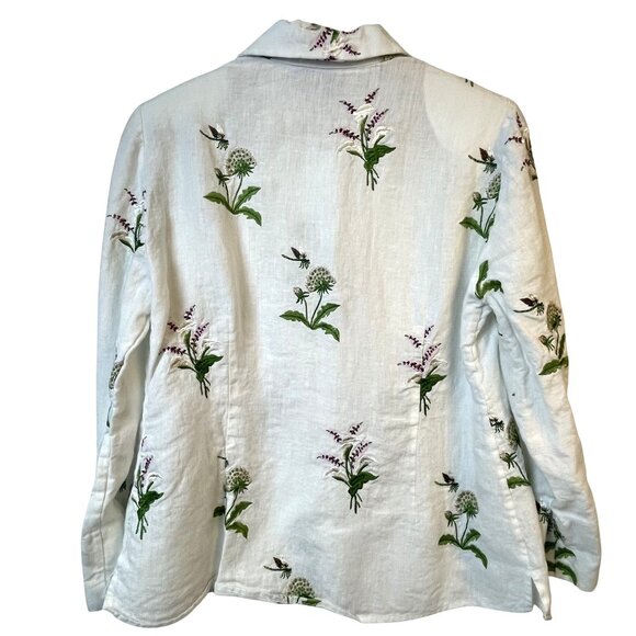 Nina McLemore White Linen Jacket Size 8 Embroidered Floral Blouse White Resort - Picture 3 of 10